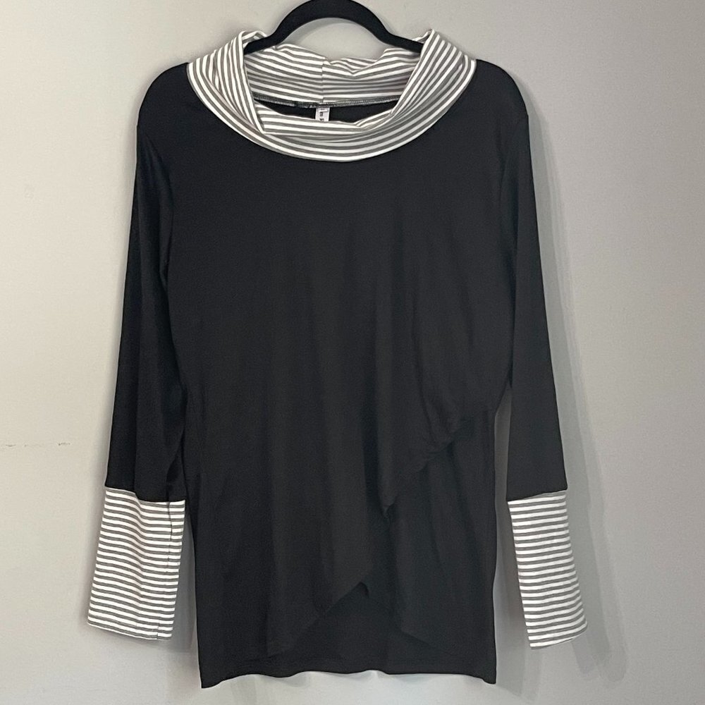 Leo Rosi black boatneck ruffled stretchy long sleeve top w/ striped cuffs; M